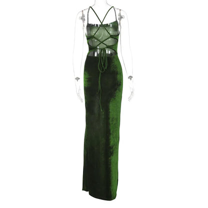 Levoire | Robe Maxi En Velours Vert Avec Cordon Au Dos