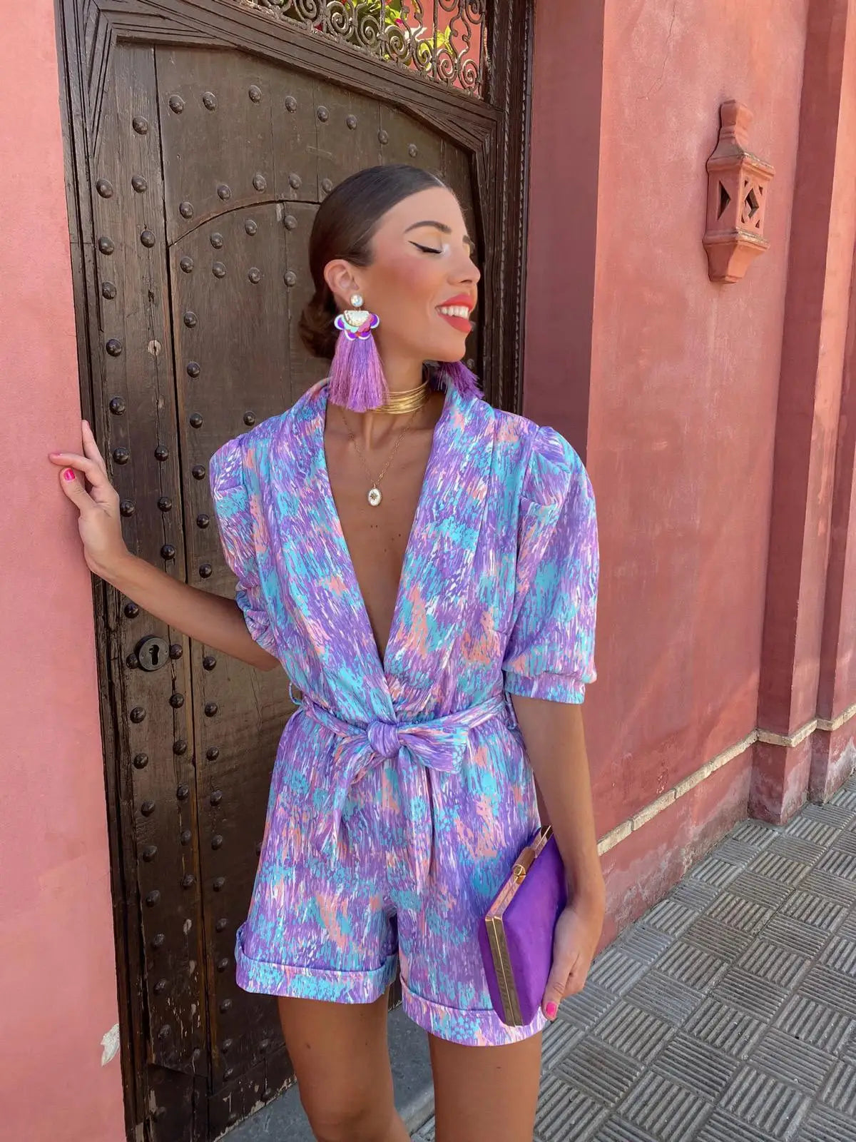 Levoire | Manches Courtes, Fendu, Combinaison Imprimée À Taille Haute