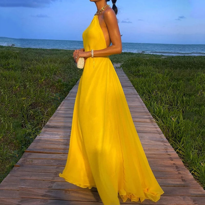 Levoire | Jaune Chaîne Halter Dos Nu Robe Maxi