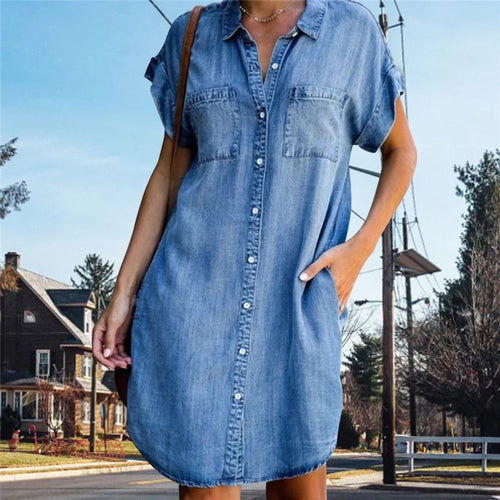 Levoire | Robe D'Été Mini Décontractée À Manches Courtes En Denim Pour Dames Avec Des Boutons