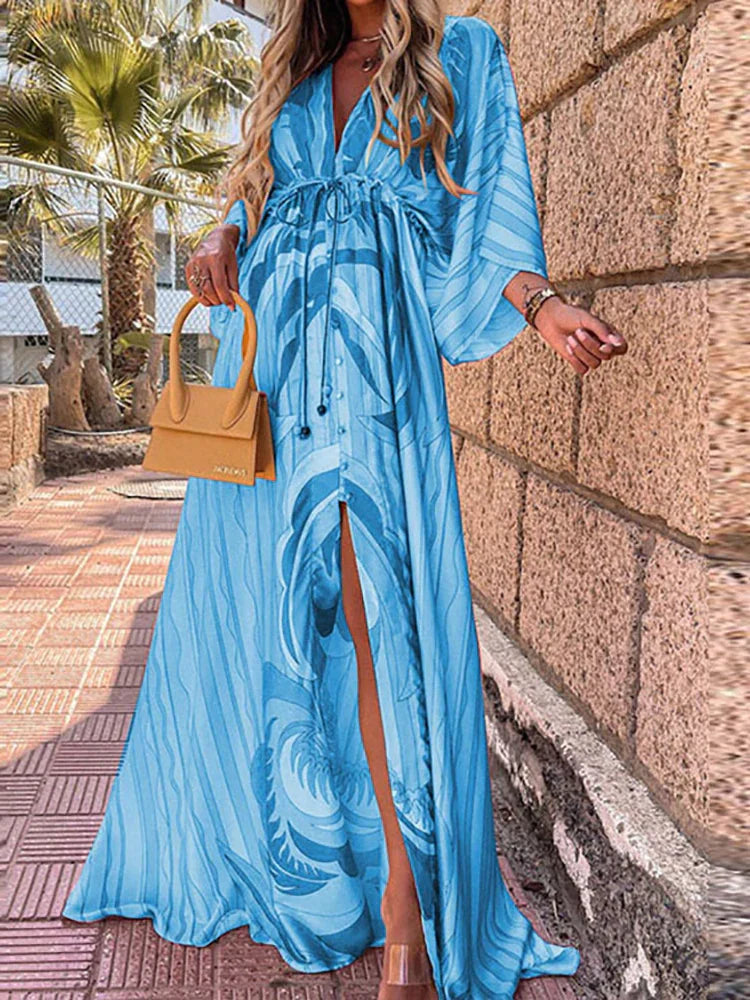 Levoire | Maxi Dress V-Neck Button Closure Waist Pads Abstract Print Flowing Stylish Cut Bleu