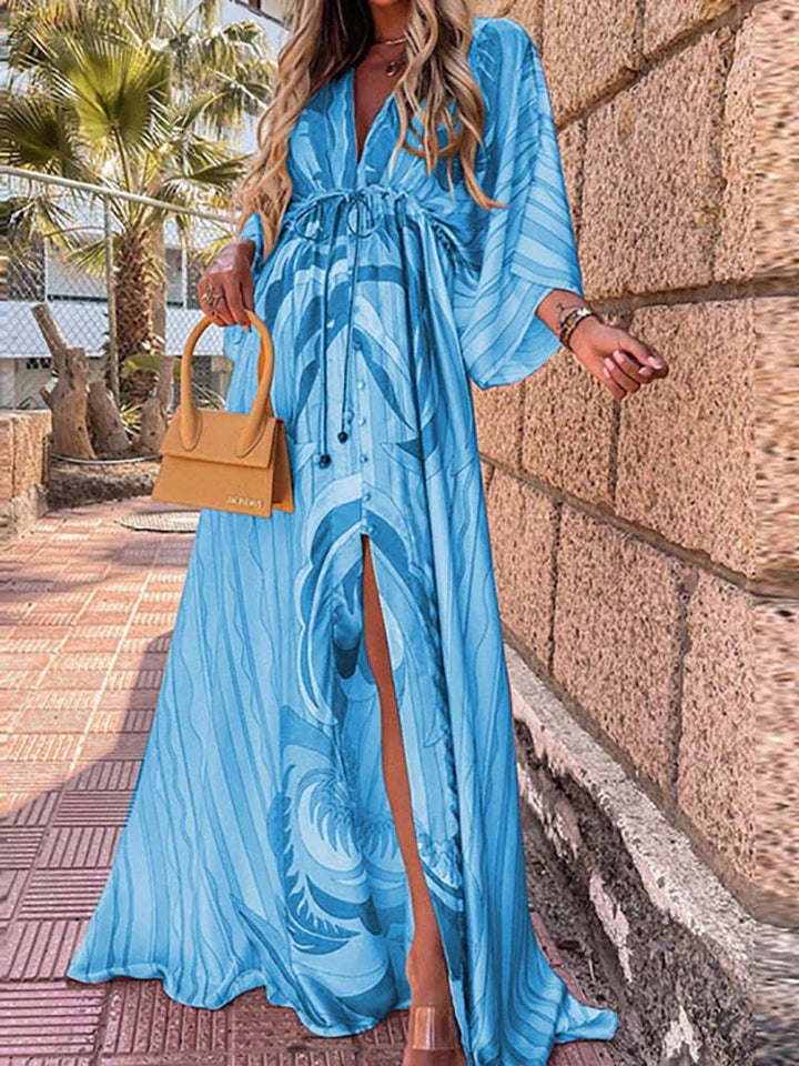 Levoire | Maxi Dress V-Neck Button Closure Waist Pads Abstract Print Flowing Stylish Cut Bleu