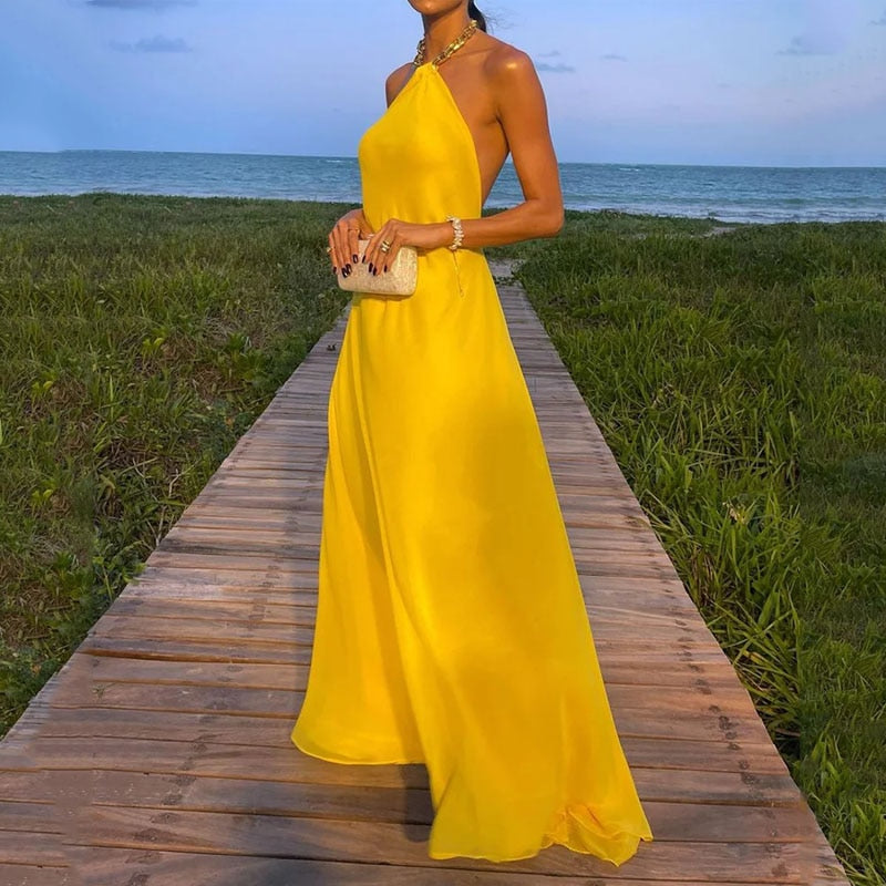 Levoire | Jaune Chaîne Halter Dos Nu Robe Maxi Gull