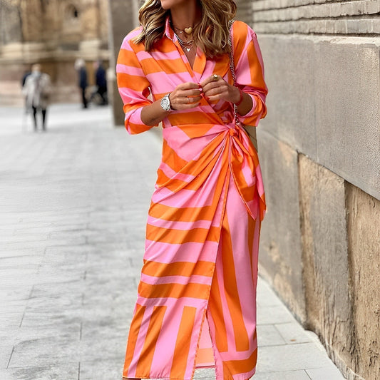 Levoire | Robe Maxi Rayée Vive Avec Manches Longues Orange
