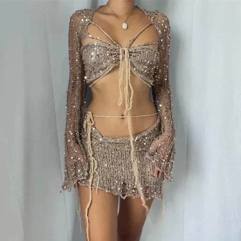 Levoire | Top Court À Manches Longues En Crochet Pailleté Et Jupe Moulante Mini Ensemble À Deux Pièces Khaki