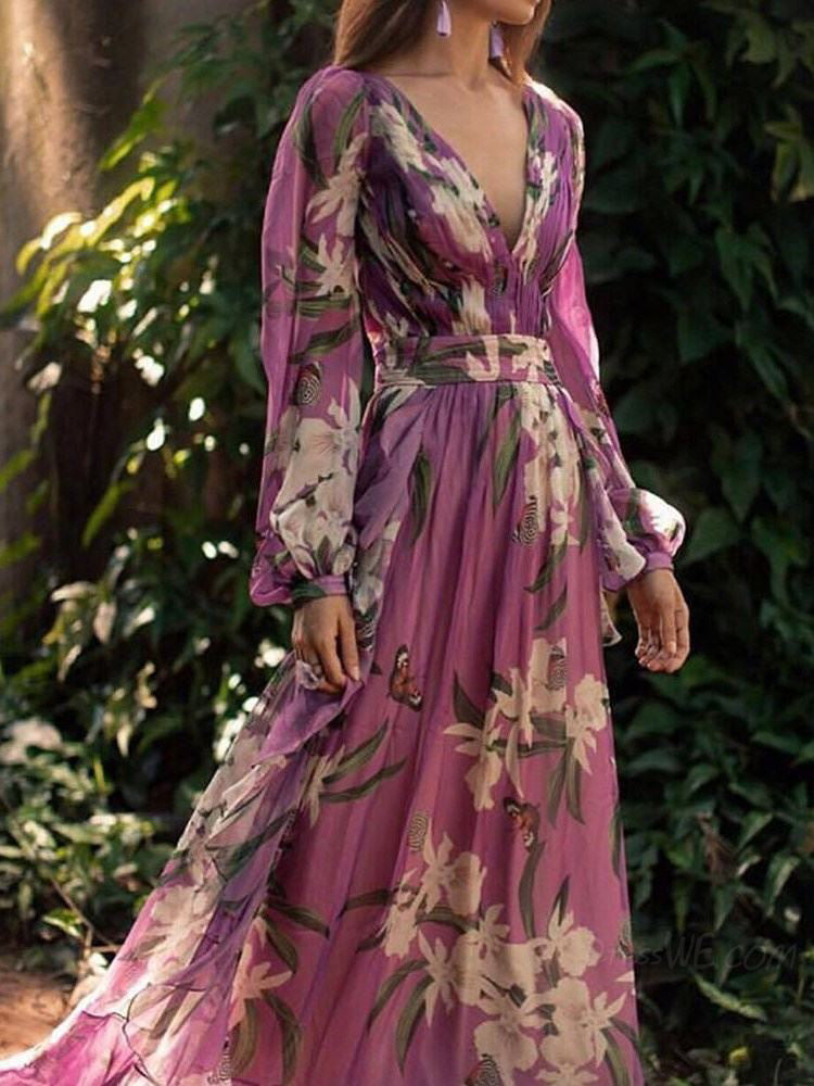 Levoire | Robe A-Ligne À Manches Longues Imprimée De Fleurs Lila
