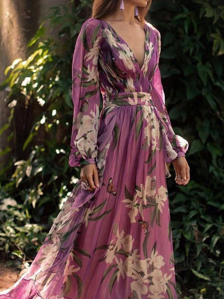 Levoire | Robe A-Ligne À Manches Longues Imprimée De Fleurs Lila