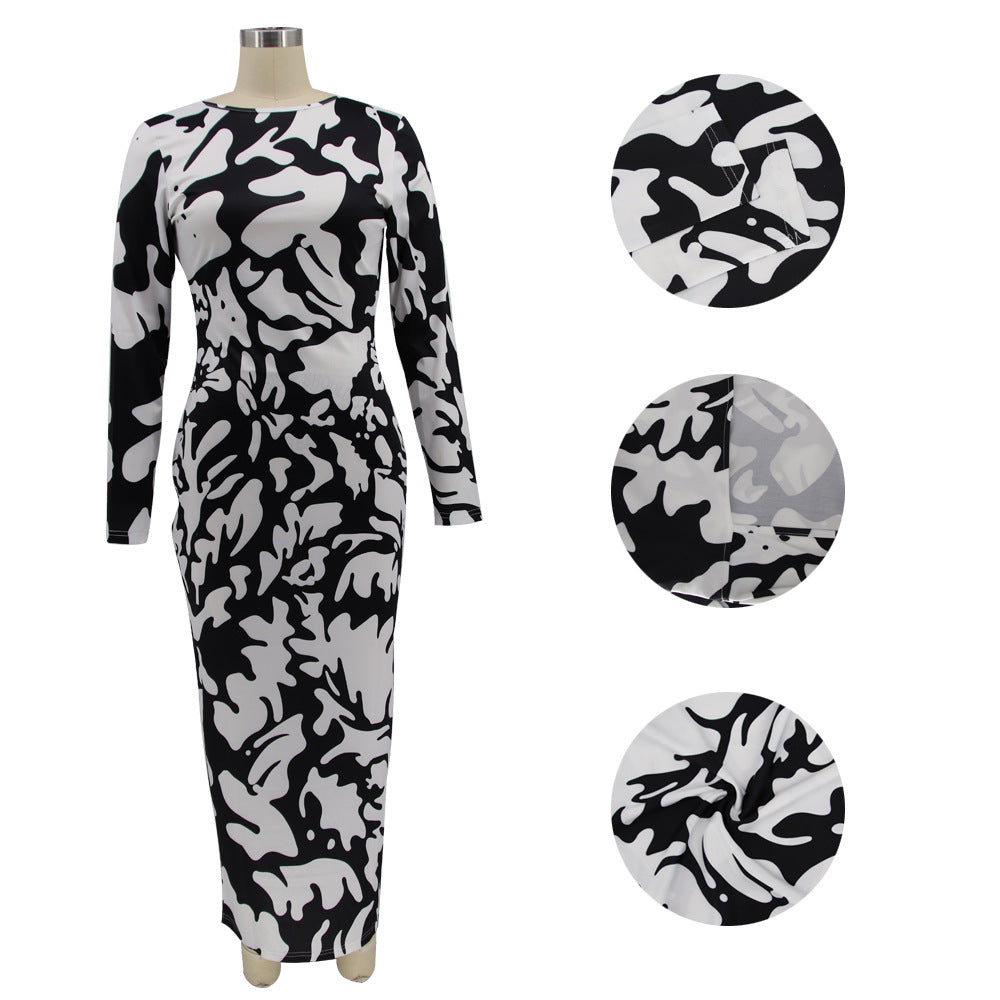 Levoire | Imprimé De Feuille Robe Maxi À Manches Longues Col O