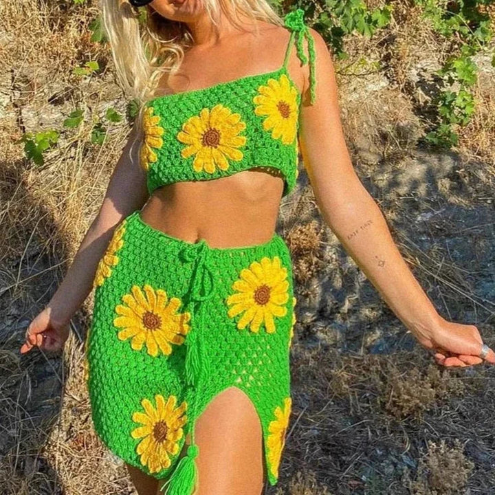 Levoire | Haut De Croptop En Tricot Et Ensemble Love Rock En Fleurs vert jaune fleur