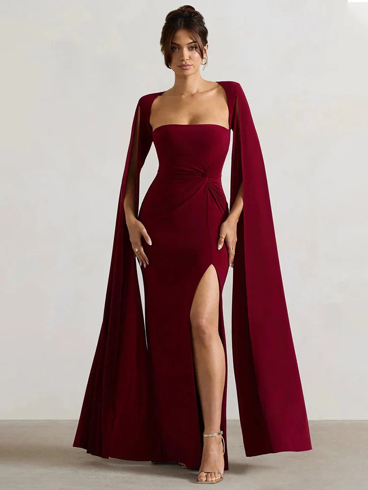 Levoire | Robe Longue À Manches Cape Avec Fente Bordeaux