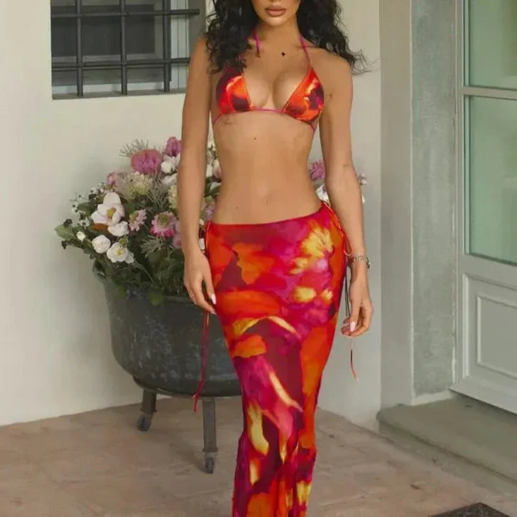 Levoire | Imprimé Bikini Vêtements De Plage Et Jupes Maxi Ensemble 3 Pièces Rot