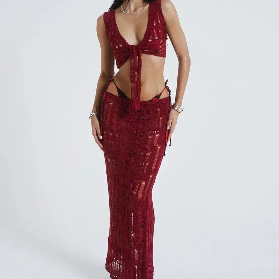 Levoire | Ensemble De Bikini Cover Up 2 Pièces Top Court Tricoté Et Jupe Longue À Taille Basse Élastique Rouge vin