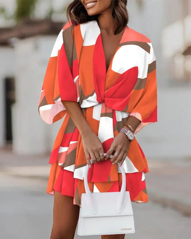 Levoire | Robe Femme À Encolure En V Courte Avec Manches Mi-Longues Rouge-Blanc