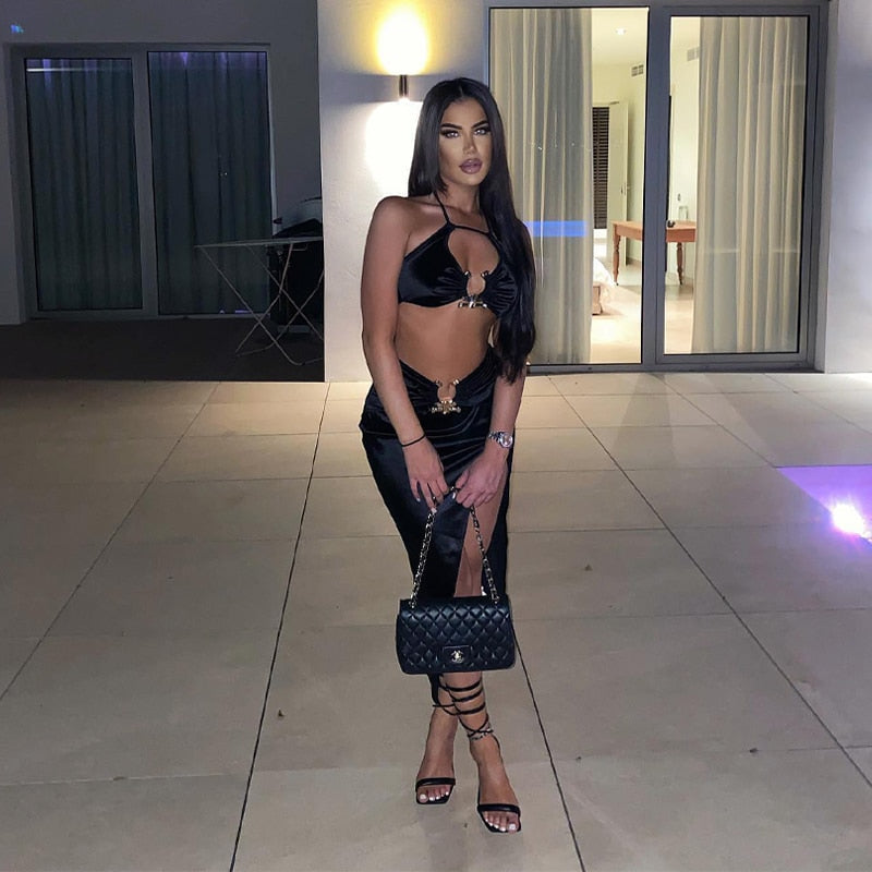 Levoire | Crop Satin Sans Manches & Couture Latérale Midi Robes