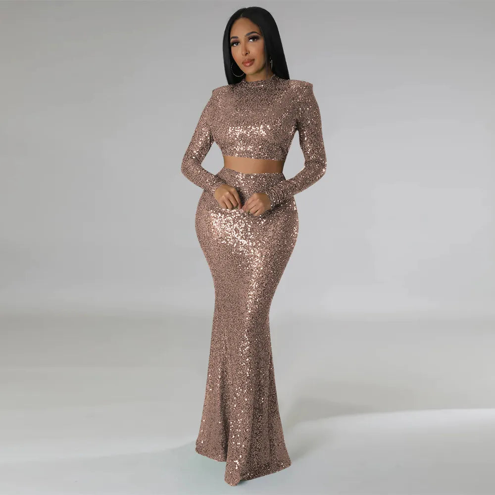 Levoire | Crop Top À Col Rond Pailleté & Ensemble Jupe Maxi