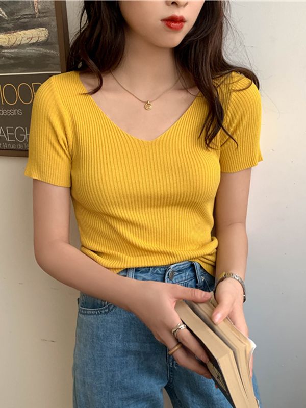 Levoire | T-Shirt Slim Fit À Col V En Coton À Manches Courtes Pullover Tricoté Jaune