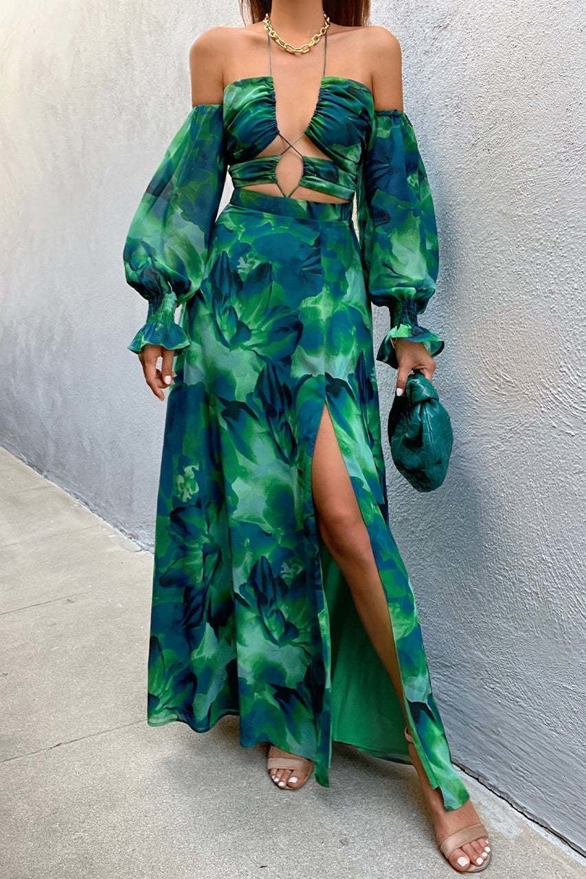Levoire | Robe Maxi Dos Nu Hors Épaule Imprimée Florale Verte