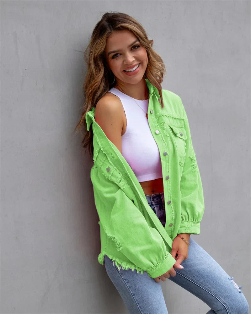 Levoire | Veste En Jean Avec Bords Bruts, Printemps, Rose, Orange, Violet