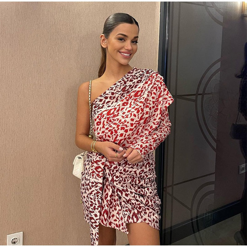 Levoire | Motif Léopard Robe Mini À Une Épaule Sans Manches