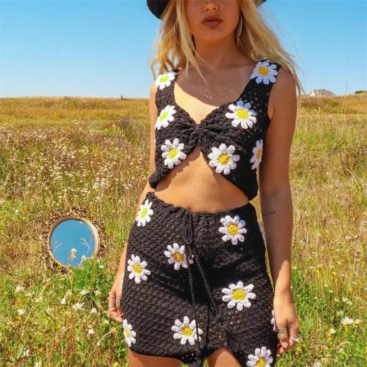 Levoire | Haut De Croptop En Tricot Et Ensemble Love Rock En Fleurs noir blanc fleur
