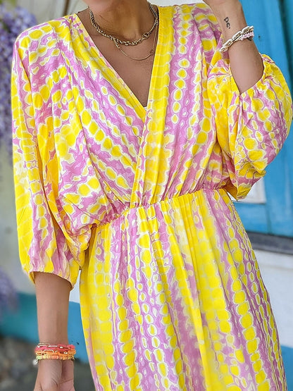 Levoire | Robe Fleurie Col V Manches Bouffantes Jaune