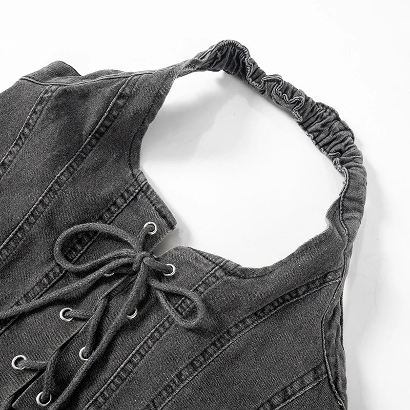 Levoire | Crop Top En Denim Brodé Mini Micro Y2K Jupe Corset Ensemble À Lacets