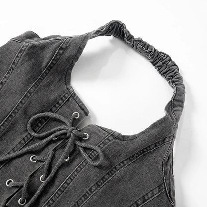 Levoire | Crop Top En Denim Brodé Mini Micro Y2K Jupe Corset Ensemble À Lacets