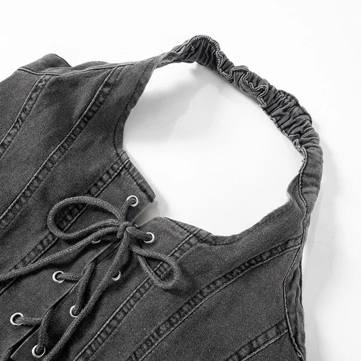 Levoire | Crop Top En Denim Brodé Mini Micro Y2K Jupe Corset Ensemble À Lacets