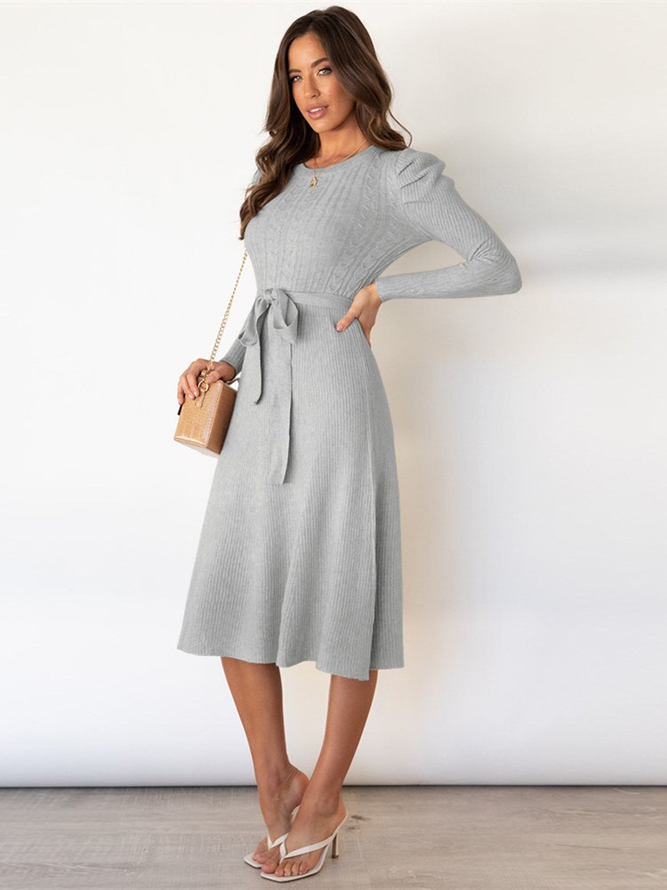 Levoire | Robe Midi Tricotée Élégante Avec Ceinture Pour Femmes