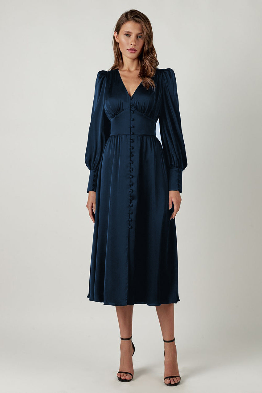 Levoire | Robe Satin Rétro Avec Boutonnage Pour Femmes Bleu