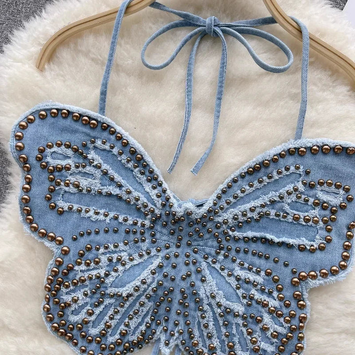 Levoire | Top Court Vintage En Denim Y2K Avec Papillon