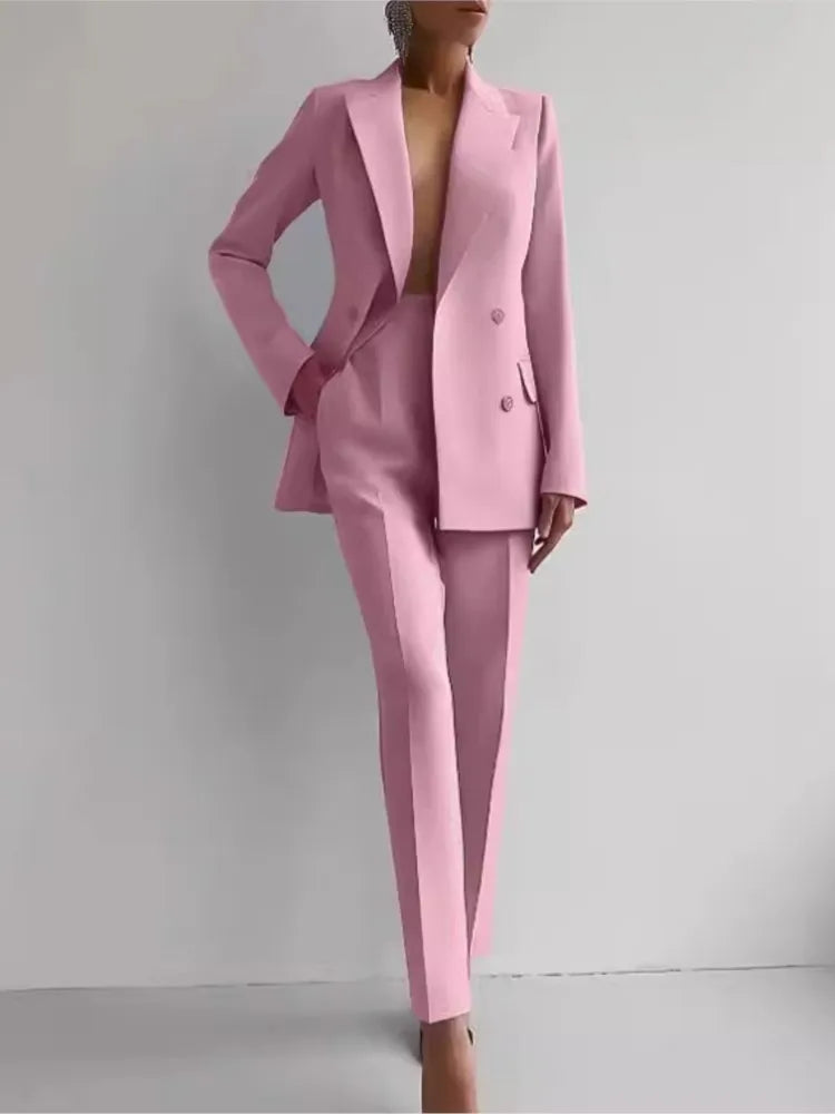 Levoire | Veste À Col Enveloppant À Manches Longues, Pantalon À Jambes Larges, Ensemble Deux Pièces Rosa