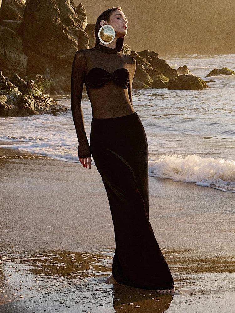 Levoire | Robe Maxi En Velours À Manches Longues En Maille