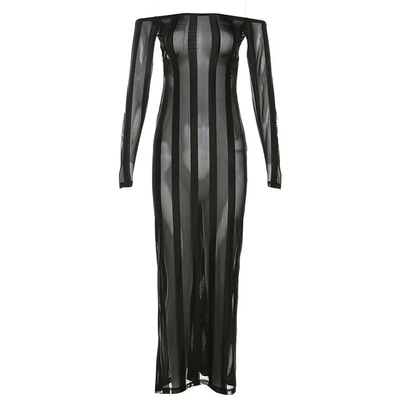 Levoire | Robe Maxi En Mesh Rayée Pêche