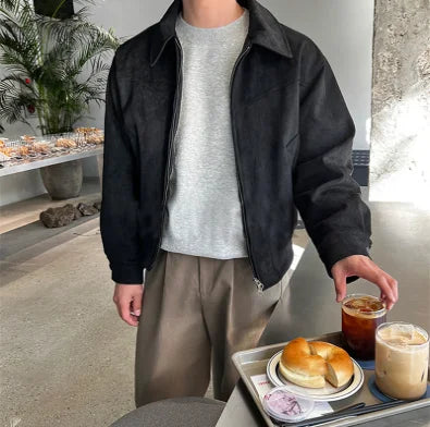 Levoire | Veste En Suède Rétro Avec Col Pour Hommes Noir