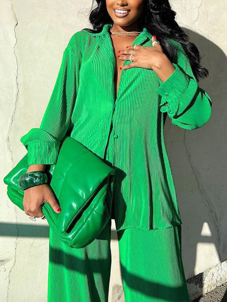 Levoire | Chemisier À Manches Longues Et Pantalon Large - Ensemble Élégant À Deux Pièces Pour Femmes Vert