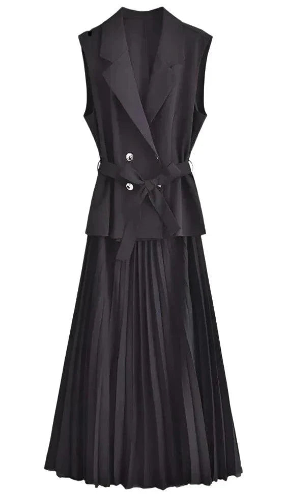 Levoire | Élégante Robe Longue Style Gilet Plissé Pour Femme Noir