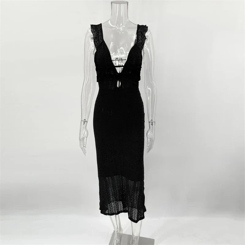 Levoire | Robe D'Été Longue Sans Manches Avec Coupe Slim Et Décolleté En V Profond Pour Femmes Noir