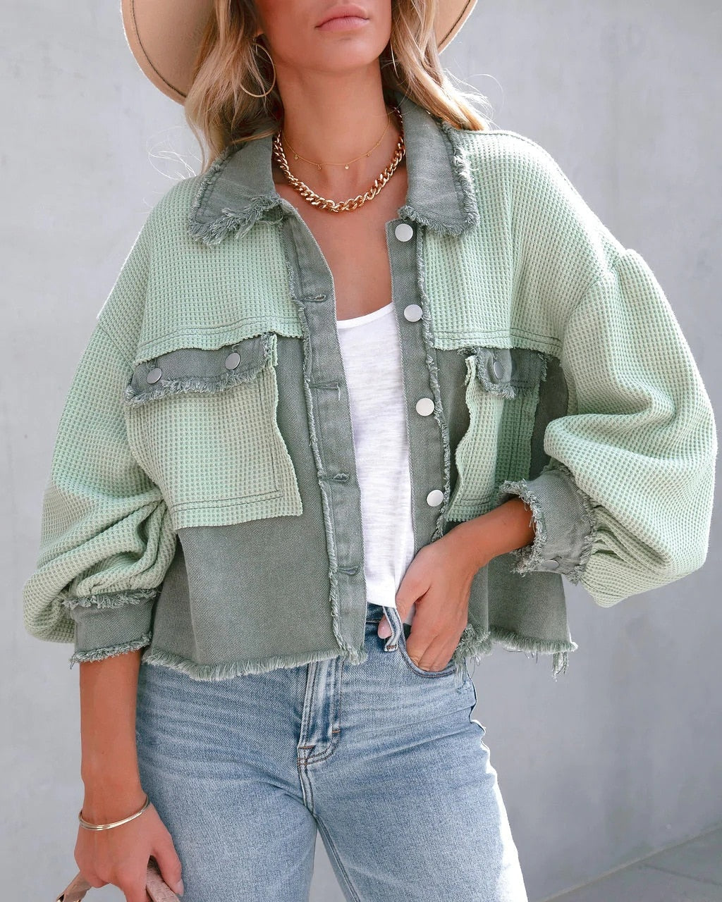 Levoire | Veste En Waffle Patchwork Tendance Pour Femmes Vert