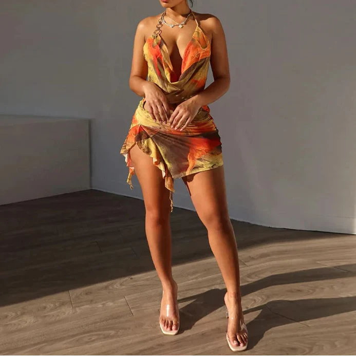 Levoire | Ibiza Bohémien Mini Robe Teintée À Lien Au Dos
