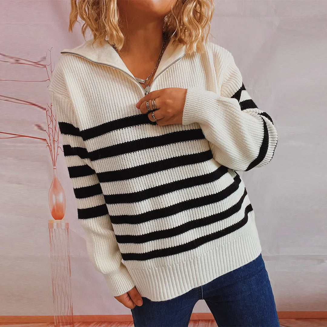 Levoire | Pull Zippé Rayé Blanc