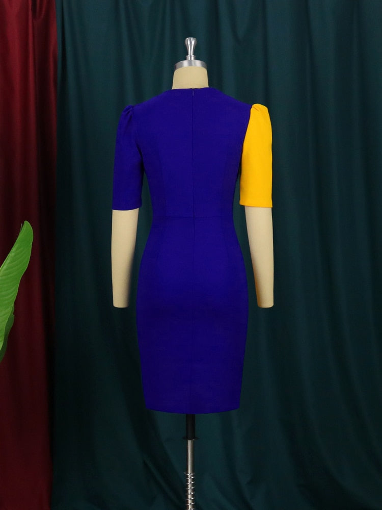 Levoire | Jaune Bleu Robe À Manches Courtes Pompom