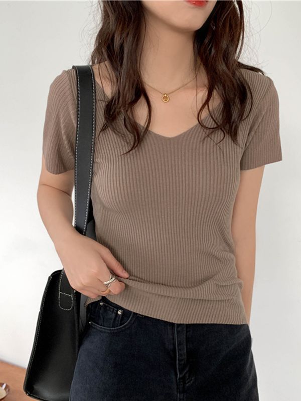 Levoire | T-Shirt Slim Fit À Col V En Coton À Manches Courtes Pullover Tricoté Kaki