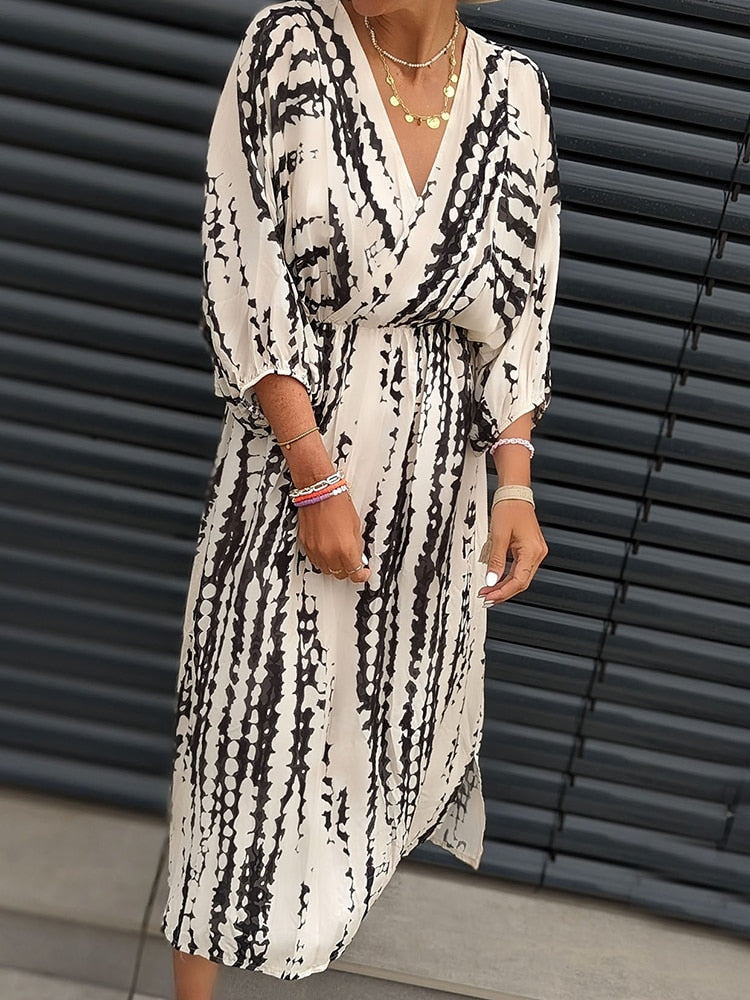 Levoire | Robe Fleurie Col V Manches Bouffantes Blanc