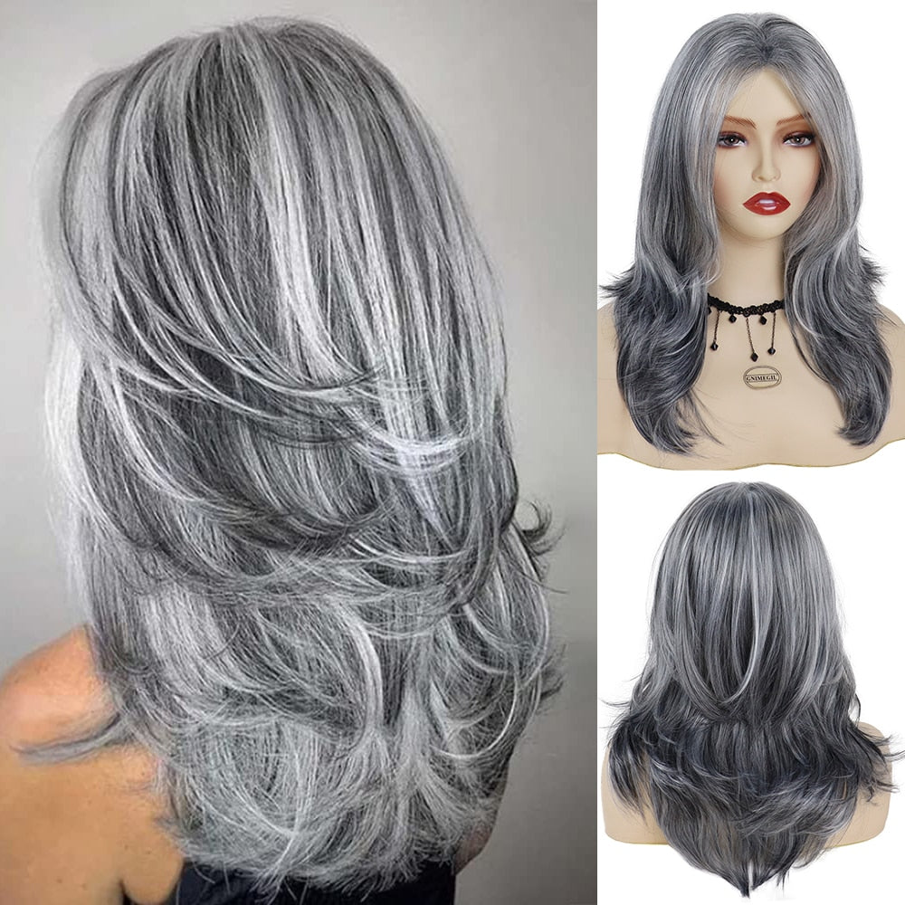 Levoire | Perruque Grise Longue Synthétique Mix Gris 22 pouces