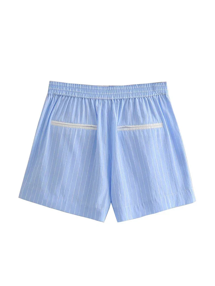 Levoire | Chemise À Manches Longues Rayée Moderne Et Ensemble De Shorts D'Été Pour Femmes
