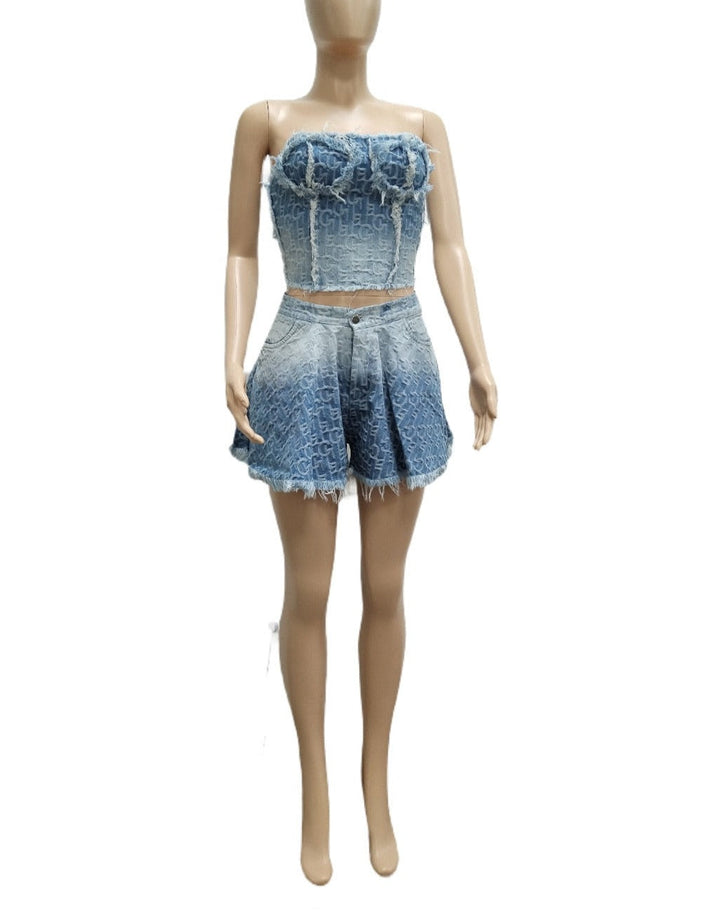 Levoire | Haut Sans Manches À Épaules Dénudées Et Ensemble Jupe En Denim