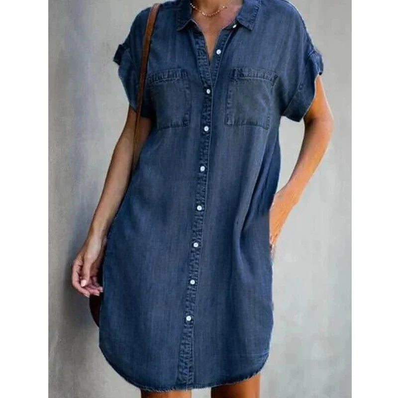 Levoire | Robe D'Été Mini Décontractée À Manches Courtes En Denim Pour Dames Avec Des Boutons Bleu profond