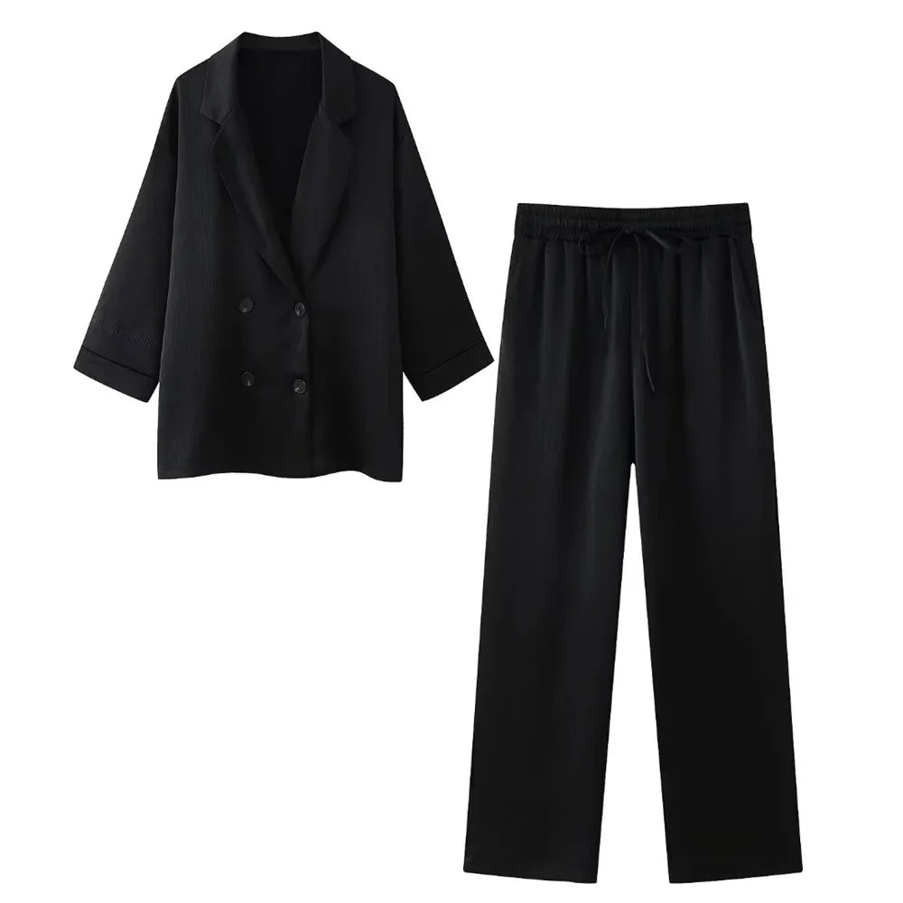 Levoire | Blouse Élégante En Soie Douce À Double Boutonnage Et Ensemble De Pantalon Ample Noir