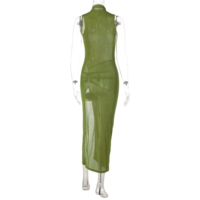 Levoire | Vert Sans Manches Bodycon Long Robe